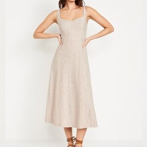 NWT Fit & Flare Tan Sleeveless Lined with Pockets Summer Linen-Blend Midi Dress